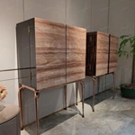 Warm Beige Stone-Pattern Double-Door Wine Cabinet with Dark Wood Interior, Built-In Drawers and Sculptural Metal Legs